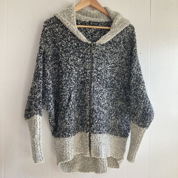 II Two Sisters Sweater Marled Knit Chunky Zip Hoodie Jacket Black Gray Sz M/L - Picture 1 of 14